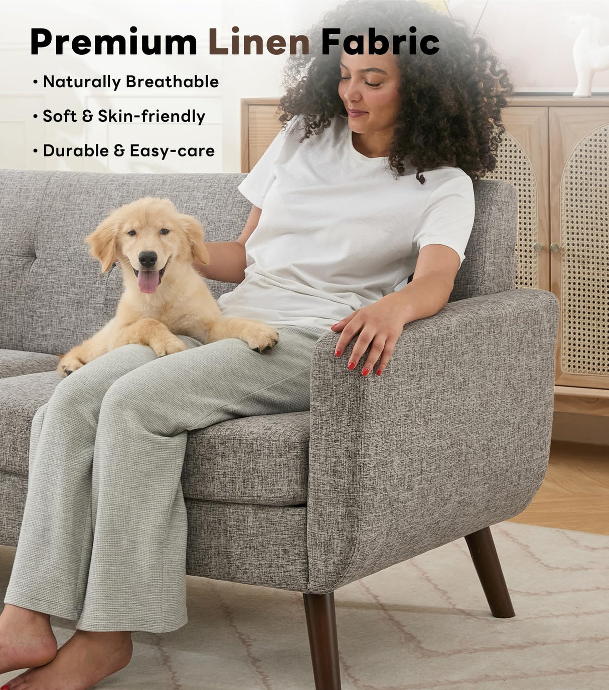 Tbfit 77.2" W Linen Sofa Couch, Mid Century Modern Decor Loveseat Couches for Living Room, Button Tufted Upholstered Small Couch for Bedroom, Solid, and Easy to Install Love Seats Furniture, Grey Tbfit