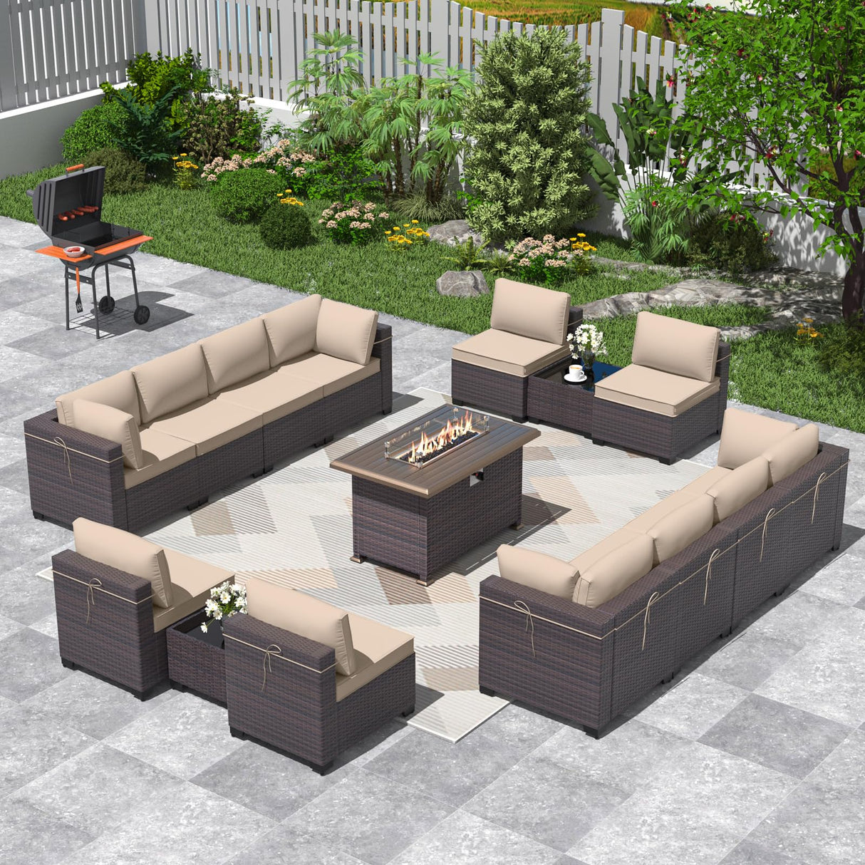ALAULM 15 Pieces Outdoor Patio Furniture Set with Propane Fire Pit Table Outdoor Sectional Sofas Patio Furniture 43" Gas Fire Pit Brown PE Rattan Patio Conversation Set w/12 Cushions-Sand ALAULM