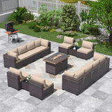 ALAULM 15 Pieces Outdoor Patio Furniture Set with Propane Fire Pit Table Outdoor Sectional Sofas Patio Furniture 43" Gas Fire Pit Brown PE Rattan Patio Conversation Set w/12 Cushions-Sand ALAULM