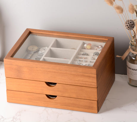 Clasin Home Jewelry Box with Glass Lid, 3 Layer Jewelry Organizer for Women, Solid Wooden Jewelry Box Display for Ring Earrings Necklace Bracelet, Pine Wood Jewelry Boxes Vintage Style for Gifts Clasin Home