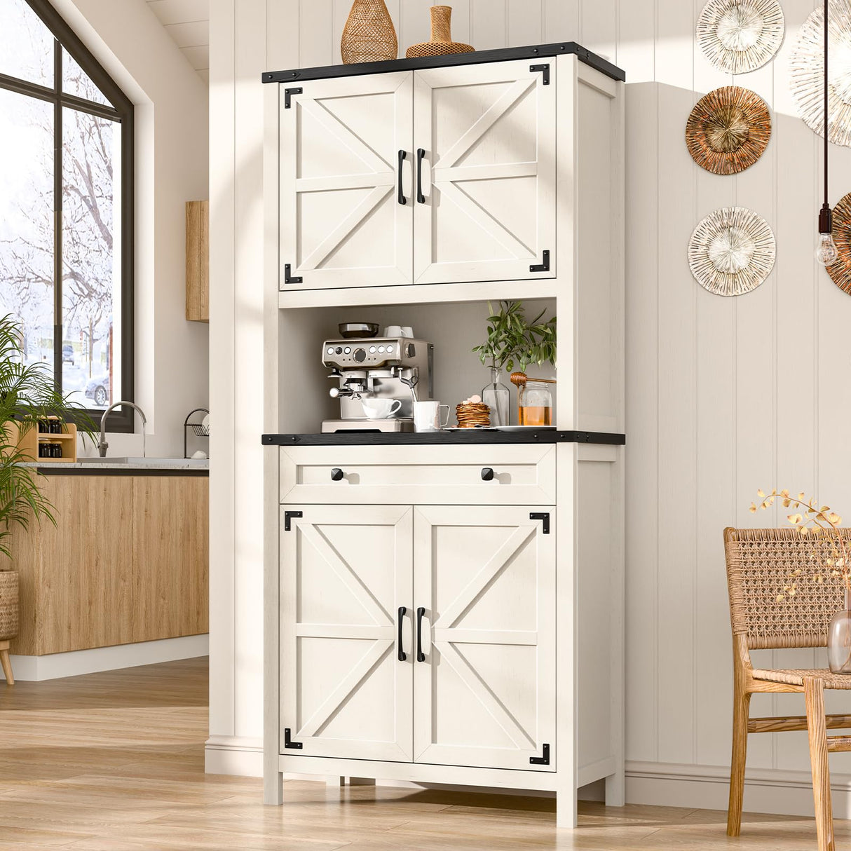 Befrases 72" H Tall Farmhouse Storage Cabinet with Drawer, 6 Tier Kitchen Pantry Organize with 4 Barn Door and Adjustable Shelf, Microwave Stand for Kitchen, Garage, Living, Utility Room, Black Befrases