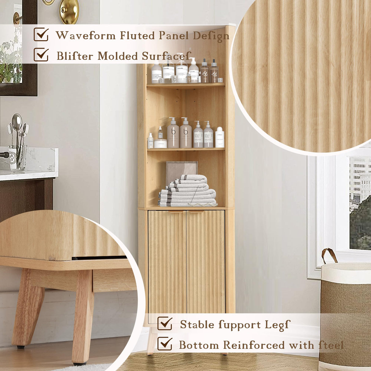 Grepatio Fluted Corner Cabinet, 68" Tall Corner Storage Cabinet with 2 Door & 4 Adjustable Shelves, Freestanding Bathroom Shelf, Faux Marble Top, Curved Profile Design for Bathroom, Kitchen Grepatio