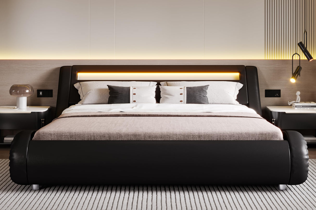 Deluxe Black Upholstered LED King Bed Frame with Adjustable Headboard and Sleigh Design SHA CERLIN