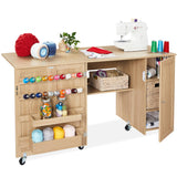 Best Choice Products Large Folding Sewing Table, Multipurpose Portable Craft Station & Side Desk w/Compact Design, Caster Wheels, Storage Shelves, 2 Storage Trays, Magnetic Doors - Light Brown Best Choice Products