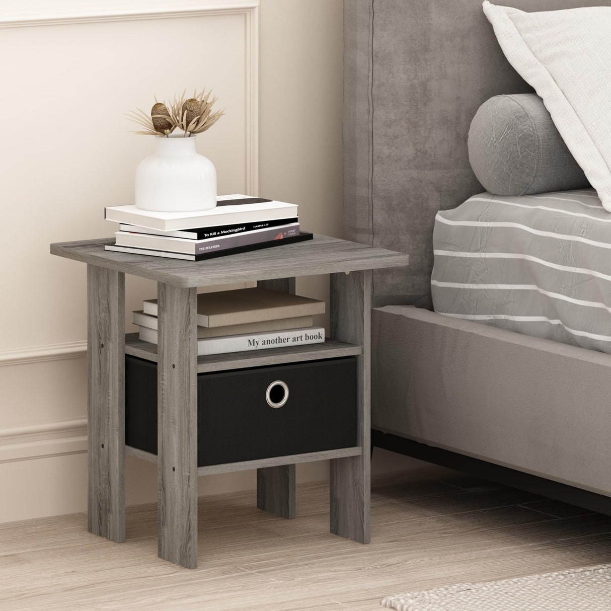 Furinno Andrey End Table / Side Table / Night Stand / Bedside Table with Bin Drawer, French Oak Grey/Black Furinno