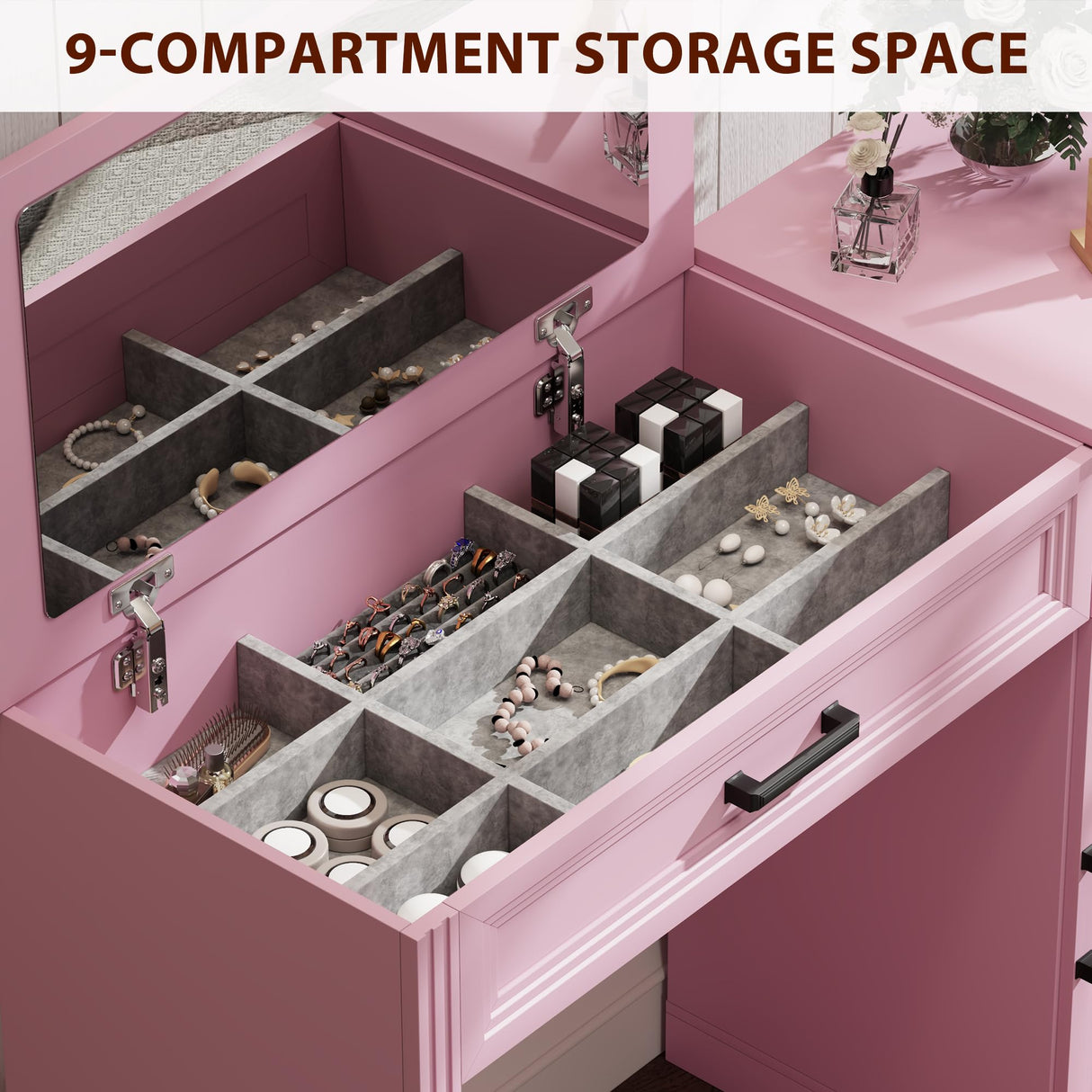 FOMNEY Farmhouse Vanity Desk with Flip Top Mirror, 43.3" W Makeup Vanity with Drawers, Storage Cabinet, Dressing Make Up Vanity Table for Bedroom, Wood Home Office Desk, Pink FOMNEY