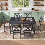 YUMPIE 7-Piece Farmhouse Dining Table Set for 6 People, 60" Wood Dining Kitchen Table & Chairs Set, Kitchen Table with 6 Upholstered Chairs, Perfect for Restaurant, Grey & White YUMPIE