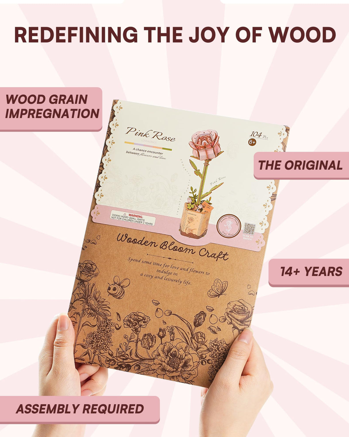 Wowood 3D Flower Wooden Puzzles for Adults-Pink Rose, DIY Wooden Flowers Model Kit Building Set Crafts for Adults to Build, Botanical Collection/Ideal Creative Gift Ideas/Housewarming (104PCS) Wowood