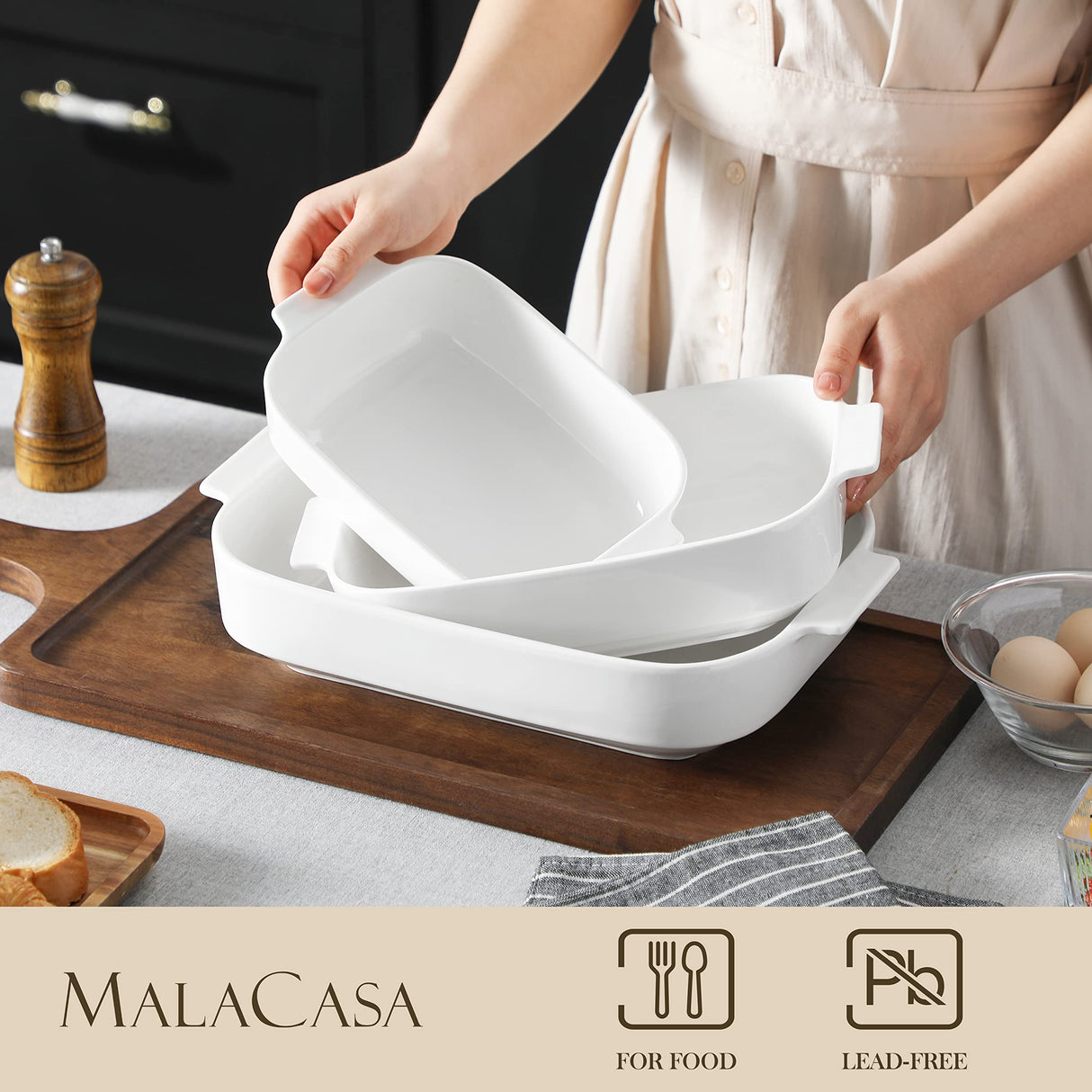 MALACASA Casserole Dishes for Oven, Porcelain Baking Dishes Set of 3, Durable Casserole Dish Set Lasagna Pan Deep, Ceramic Bakeware Sets with Handles, White (13.8''/11.7''/9.4''), Series Bake MALACASA