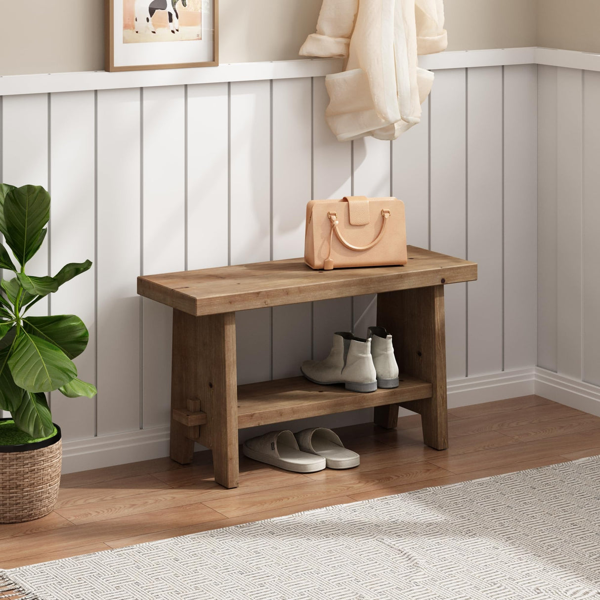 HOKYHOKY Solid Wood Entryway Bench - 31.5" Farmhouse Small Storage Bench, Rustic Narrow Bench Seat for Indoor, Entryway, Dining Room, Living Room and Hallway, Brown HOKYHOKY
