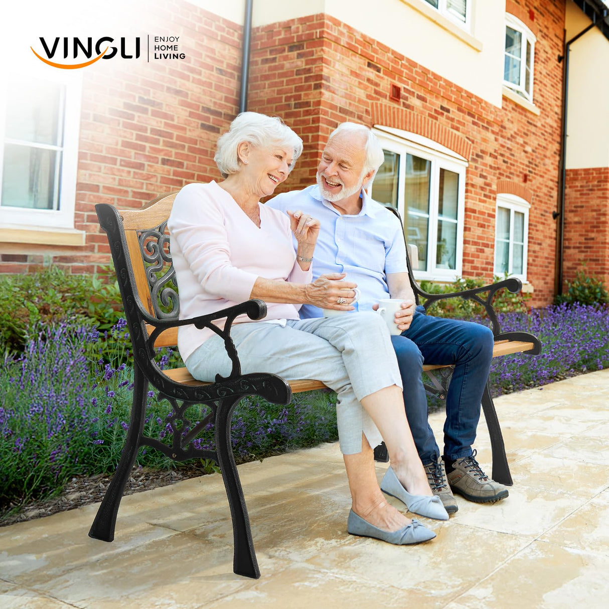 VINGLI Outdoor Bench Metal Garden Bench Front Porch Bench, Wood Patio Bench w/PVC Backrest Cast Iron Love Seat Park Benches (Arched Back) VINGLI