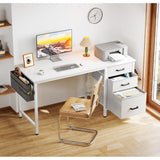 Casaottima 48-Inch Small Computer Desk with Fabric Drawers & File Cabinet, Home Office Desk with Cloth Storage Bag and Hook, Writing Study Work Table for Small Space, Vanity Desk for Bedroom, White Casaottima