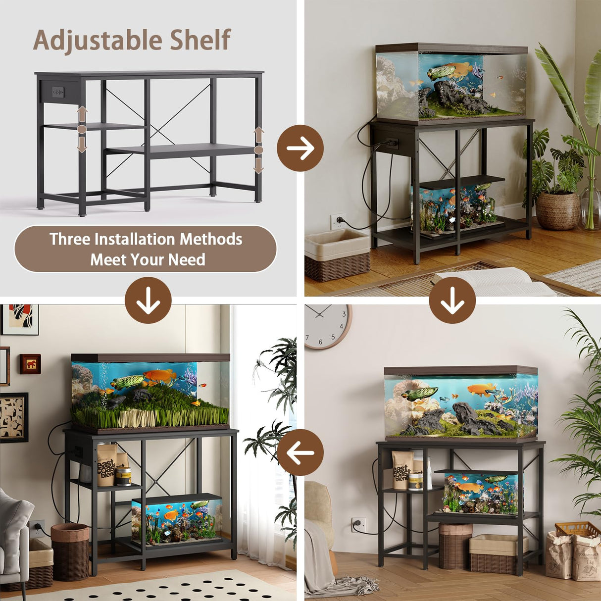 BEURUKU 40-50 Gallon Fish Tank Stand with Power Outlet & LED Light, Metal Aquarium Stand with 3 Tier Adjustable Storage Shelves, Tank Stand for Reptile Tank, Turtle Tank, 36" L*18.5" W, Black BEURUKU