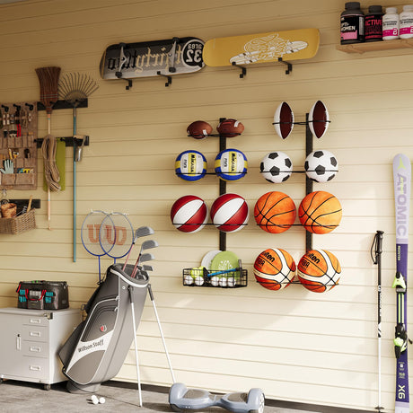 8 Tier Detachable Wall Mounted Basketball Rack,Vertical/Horizontal Football Holder,Holds 14 Balls DIY1/2/3/4 Soccer Stand,Height-Adjustable Ball Rack With Basket For Garage,Tool Room Feyejade