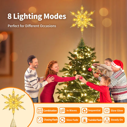 Christmas Tree Star Topper, 3D Tree Toppers Christmas Decorations with LED Lights 8 Lighting Modes Dimmable Timer USB Powered for Xmas Home Holiday Party Indoor Outdoor Ornaments Decor -15Inch Gold