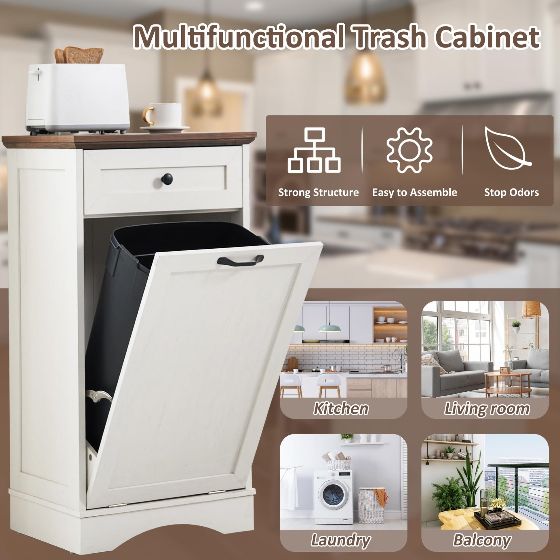 AHB 13 Gallons Tilt Out Trash Cabinet Free Standing Kitchen Trash Cabinet Recycling Garbage Cabinet with Hideaway Drawer Pet Proof Trash Can Holder for Kitchen Living Room, White - WoodArtSupply