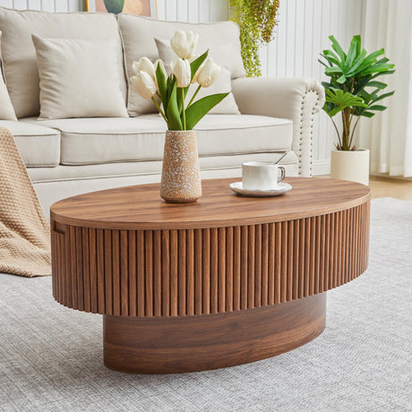 Janmer Home Oval Coffee Table with Hidden Storage, 31.5 Inch Wide Modern Coffee Table, Center Table with Fluted Veneered, Accent Tea Table for Small Space Living Room Apartment (Walnut) Janmer Home