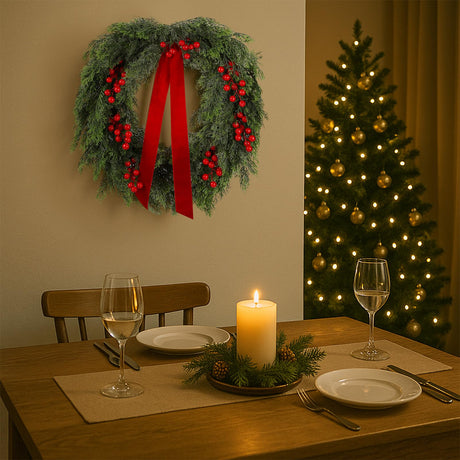 Suncalla 24'' Artificial Cedar Wreath for Front Door Christmas Wreaths Faux Cedar Decorated with Berry and Ribbons Xmas Wreath for Indoor Window Wall Fireplace Holiday Decor Suncalla