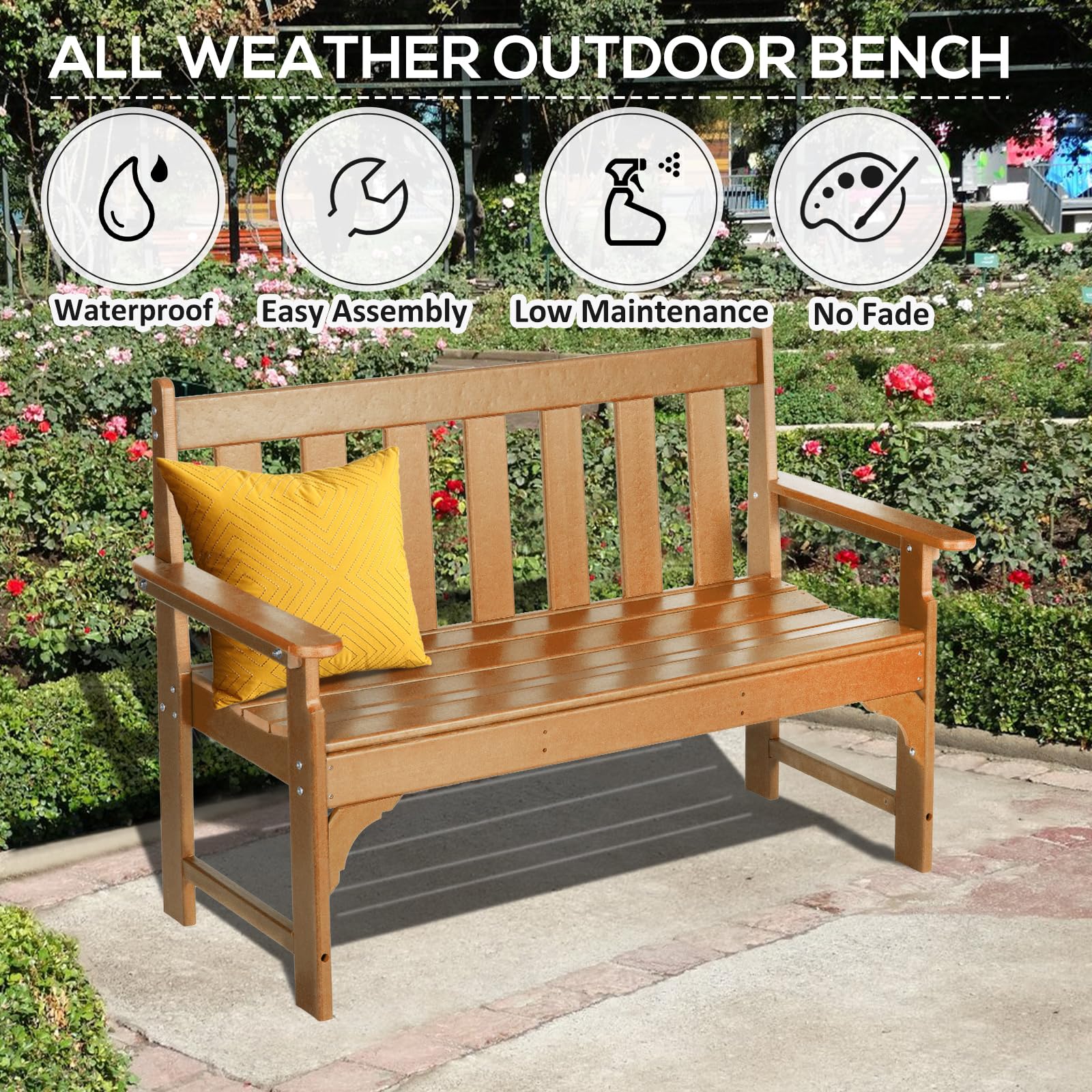 nalone Outdoor Bench HDPE All Weather Patio Bench Load up to 800 Lbs 2 Person Garden Bench Rot Proof Fade Proof for Patio Porch and Park Teak WoodArtSupply