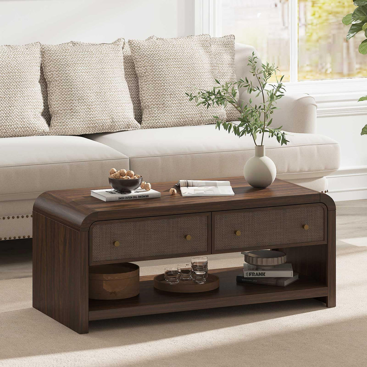 Oak&Sparrow 48'' Boho Coffee Table, Thickened Arc-Shaped Design with Rattan Drawer, Oak Table for Living Room