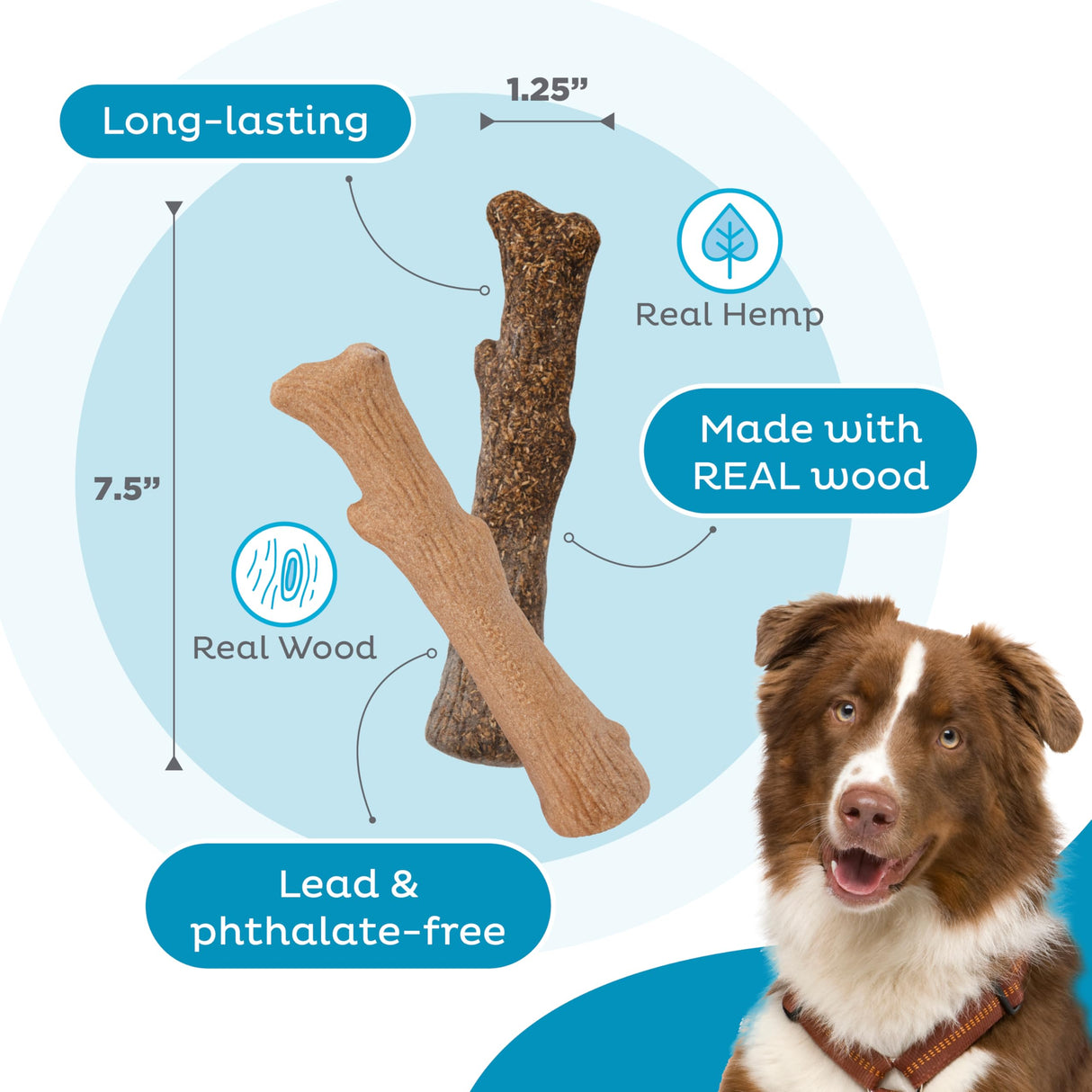 Petstages Dogwood Wood Durable Dog Chew Toys, Real Wood & Calming Hemp, 2-Pack, Medium Outward Hound