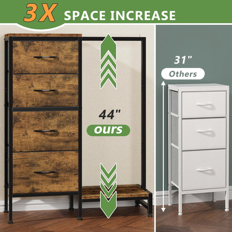 HIGDBFE Dresser with Hanging Rack, 4 Drawers Small Closet for Bedroom, Reversible Fabric Kids Chest of Drawers with Clothes Rack, Tall Storage Tower, Sturdy Frame, Rustic Brown, 44''H HIGDBFE