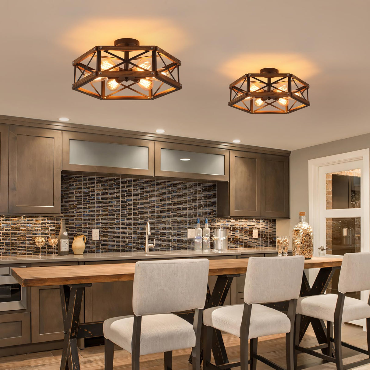 6-Light Large Rustic Farmhouse Wood Flush Mount Ceiling Light Fixture 20 inch Oak Wood and Metal Cage Semi Flush Mount Ceiling Light for Hallway Entry Dining Farmhouse Bedroom Living Room, Black RKUCSR