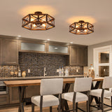 6-Light Large Rustic Farmhouse Wood Flush Mount Ceiling Light Fixture 20 inch Oak Wood and Metal Cage Semi Flush Mount Ceiling Light for Hallway Entry Dining Farmhouse Bedroom Living Room, Black RKUCSR