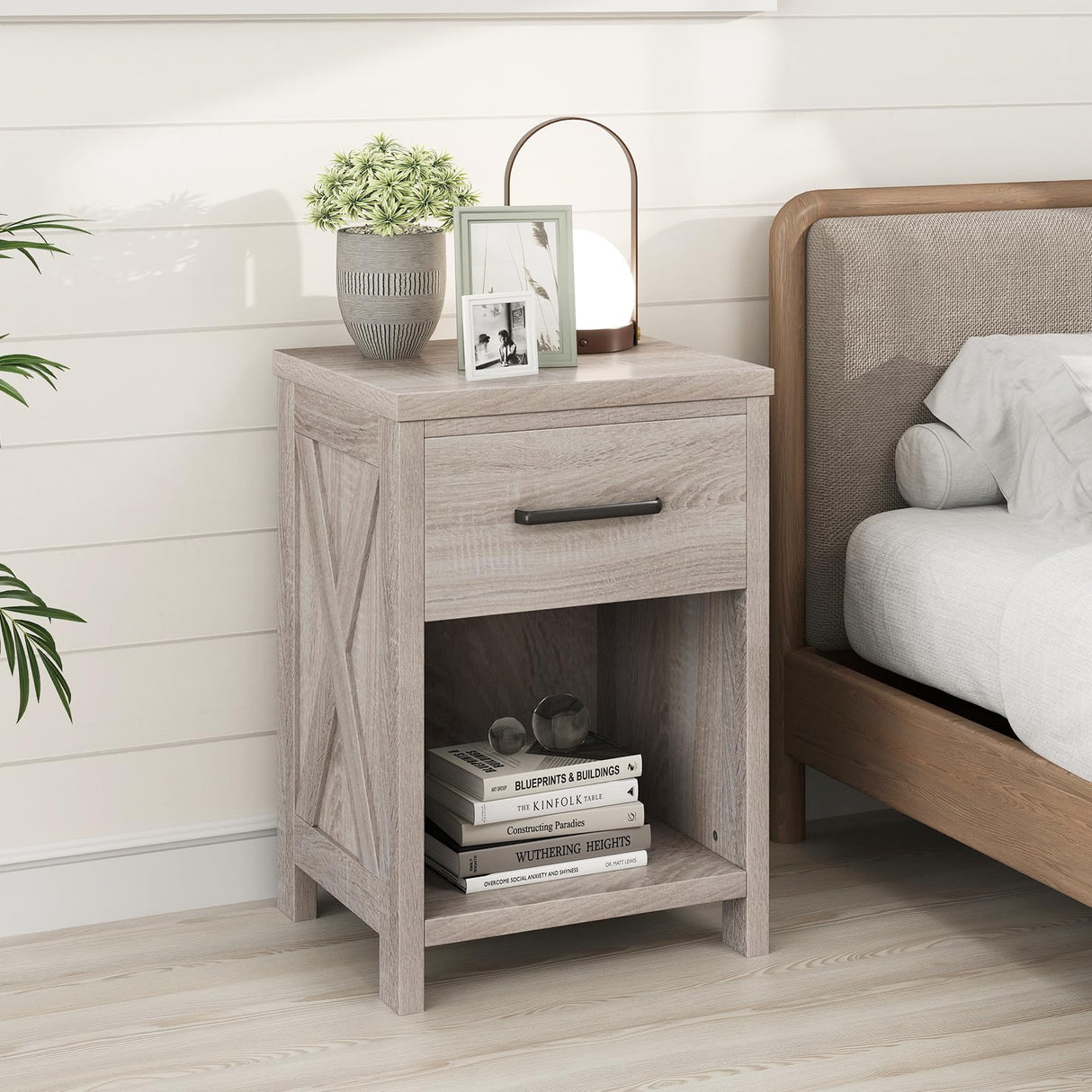 Giantex Farmhouse Nightstand, Wooden Bedside Table with Storage Drawer & Open Shelf, End Side Table, Rustic Night Stand for Small Space Bedroom & Home Office, Antique Brush White Giantex