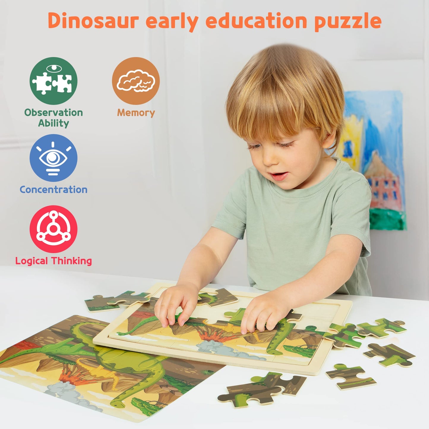 SYNARRY Large Dinosaur Wooden Puzzles for Kids 4 in 1 Gift Box(12.2 * 9.4 in) - FSC Certified, Jigsaw Puzzles for Kids Ages 4-6, Dinosaur Toys Gifts for 3 4 5 Year Old Boys Girls