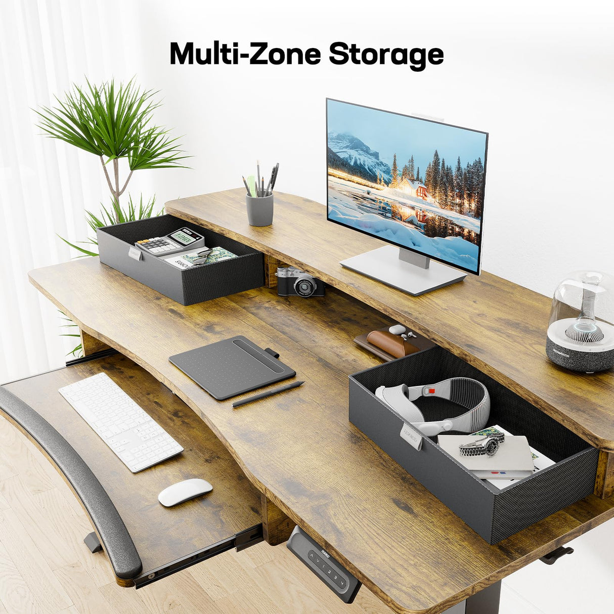 HUANUO 48" x 26" Electric Standing Desk with 2 Drawers & 26.7" Large Keyboard Tray, C-Clamp Mount Compatible, Adjustable Computer Desk for Home Office, Stand Up Desk with 4 Height Presets, Vintage HUANUO