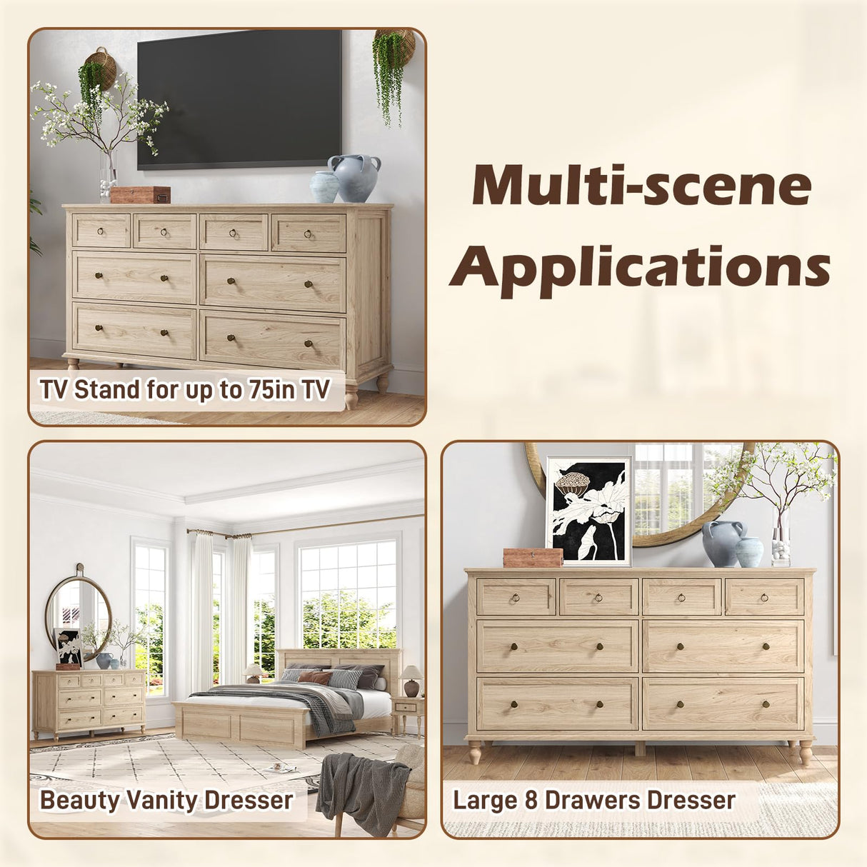 chartustriable 65inch Large Long Drawer Dresser w/Deep Drawers,Rustic Wood 8 Drawer Dresser with Large Capacity for Living Room,Wooden Chest of Drawers for Bedroom,Living Room,Entryway,Oak chartustriable