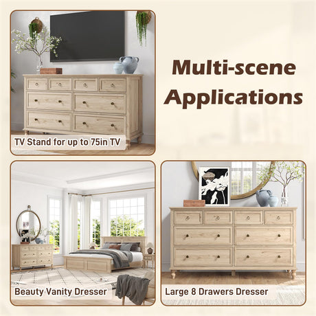 chartustriable 65inch Large Long Drawer Dresser w/Deep Drawers,Rustic Wood 8 Drawer Dresser with Large Capacity for Living Room,Wooden Chest of Drawers for Bedroom,Living Room,Entryway,Oak chartustriable
