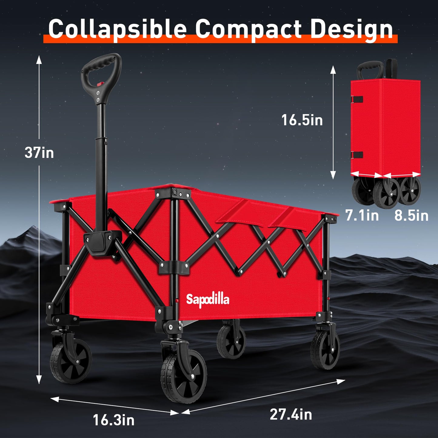 Wagons Carts Foldable, Lighweight Collapsible Wagon with Large Capacity, Portable Utility Folding Cart with Wheels for Grocery,Gardening,Camping,Shopping, Red