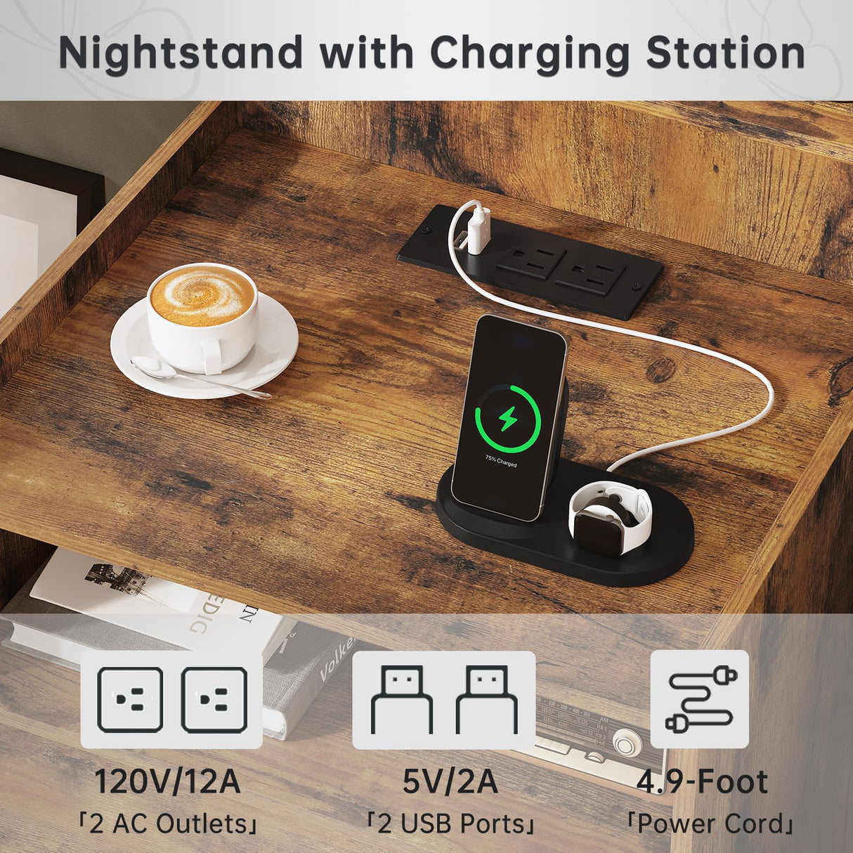 Night Stand, Nightstand with Charging Station, LED Bedside Table with Drawers and Storage Shelf, Modern Wood End Table Side Table for Bedroom, Rustic Brown MONECHO