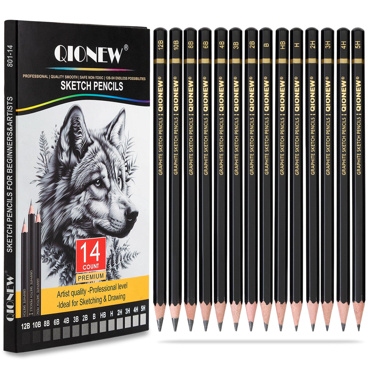 Qionew Professional Sketching Pencil for Drawing,14 Pack, Graphite Pencils, (12B-5H), Art Pencils for Drawing and Shading, Sketching, Ideal for Beginners & Pro Artists Qionew