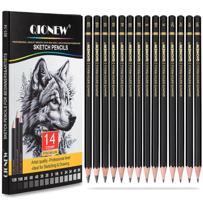 Qionew Professional Sketching Pencil for Drawing,14 Pack, Graphite Pencils, (12B-5H), Art Pencils for Drawing and Shading, Sketching, Ideal for Beginners & Pro Artists