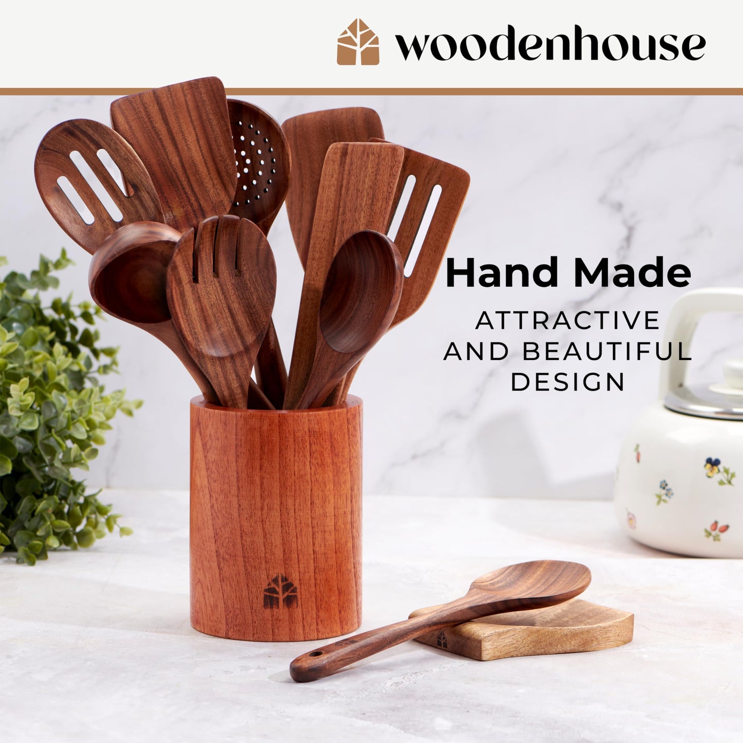 Wooden Spoons for Cooking – Wooden Cooking Utensils Set with Holder, Spoon Rest & Hooks, Teak Wood Nonstick Kitchen Cookware – Durable Set of 12pcs by Woodenhouse