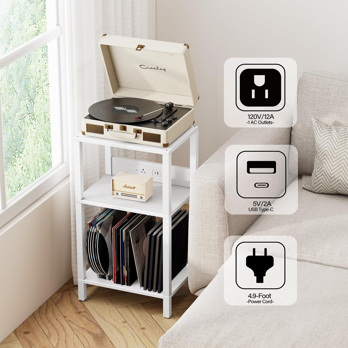 TUTOTAK Record Player Stand with Storage Up to 100 Albums，Record Storage Table,3 Tier End Table with Charging Station,Side Table for Living Room, Bedroom, White TB01BW076 TUTOTAK
