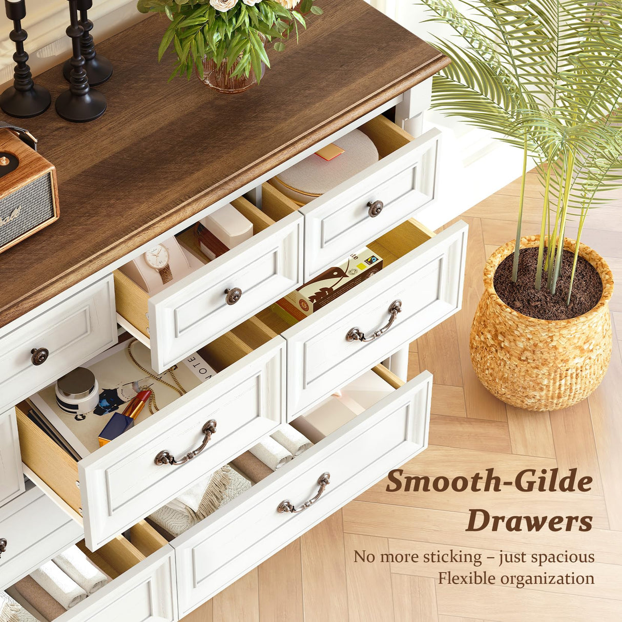 Concho Farmhouse 11 Drawers Dresser for Bedroom, 53'' Wide Wood Chest of Drawers with Spacious Deep Storage Space, Rustic Storage Dressers Organizer, TV Stand for Living Room, Bedroom, Antique White Concho