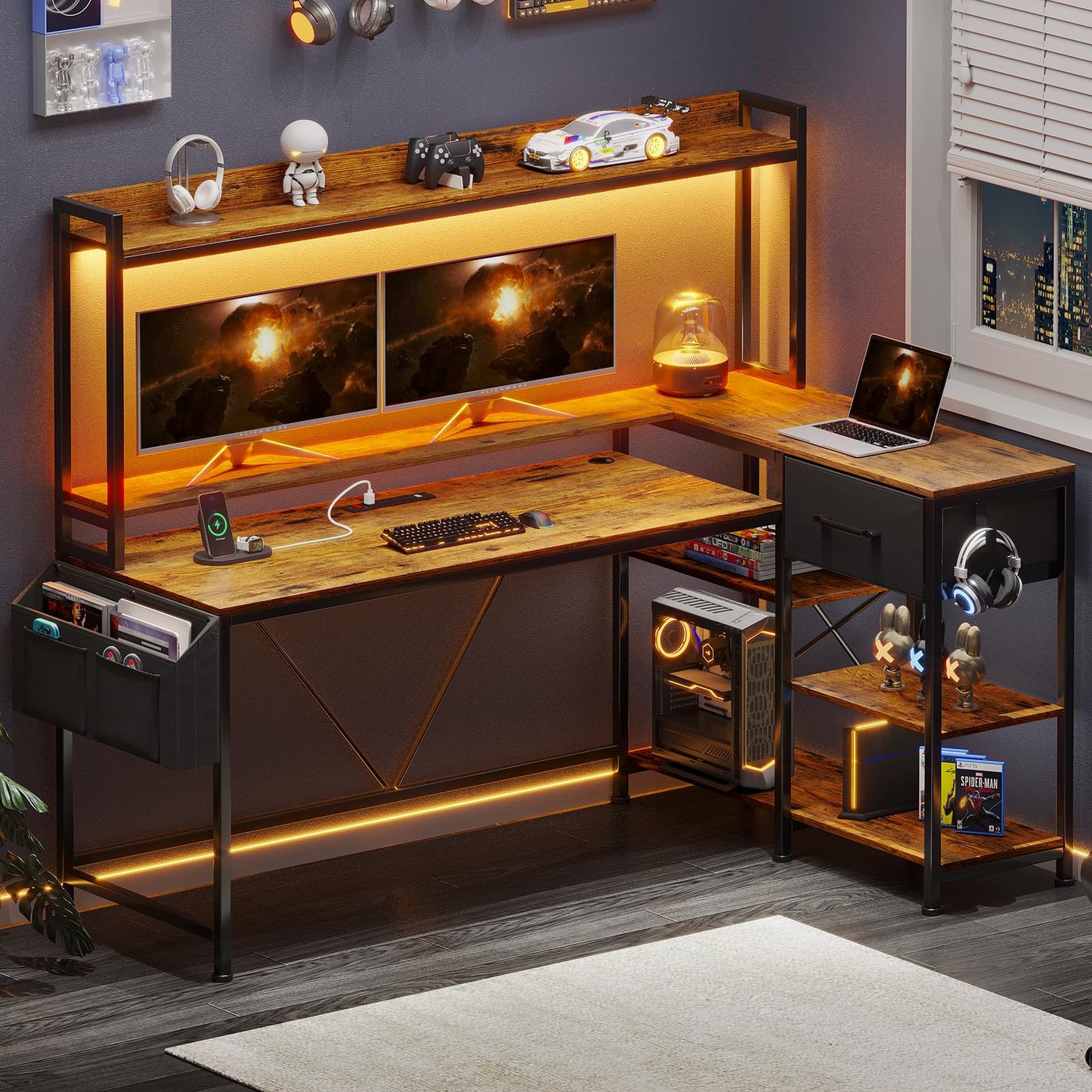 SEDETA 55 inch L Shaped Gaming Desk, Home Office Desk with Fabric Drawer & Storage, Gaming Desk with with Power Strip & LED Lights, Hutch, Monitor Stand, Headphone Hook, Rustic Brown - WoodArtSupply