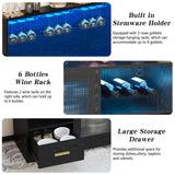 Wine Bar Cabinet with LED Light, Liquor Cabinet Bar for Home with Wine and Glass Rack, Modern Kitchen Coffee Bar Cabinet with Storage, Buffet Sideboard with Drawers for Living Dining Room, Black amzzar