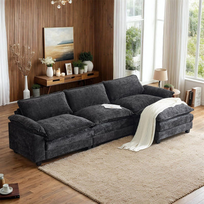 VINGLI 122" Cloud Black Convertible Sectional Sofa, Comfy L-Shape Extra Deep Seat Sofa Couch for Living Room,Modern Chenille 3-Seat Convertible Sofa with Movable Ottoman for Small Space