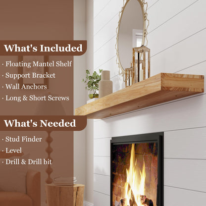 Axeman Fireplace Mantel | 72" W Elm Wood Floating Shelves | Handcrafted Hollow Distressed Beam | Wall Mounted Wooden Display Shelfing | with Invisible Heavy Duty Bracket | 72W x 3H x 8D