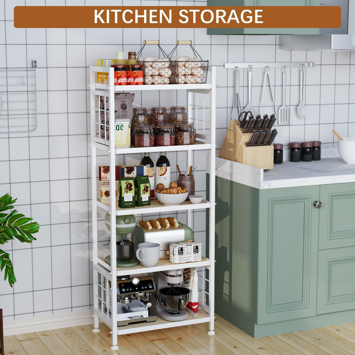 GIOTORENT 5-Tier Pantry Shelves with Wooden Boards, Heavy Duty Storage Shelves & Book Shelf, Adjustable Metal Shelving Unit for Kitchen Bathroom Laundry Organizer, Sturdy Rust-Resistant, White