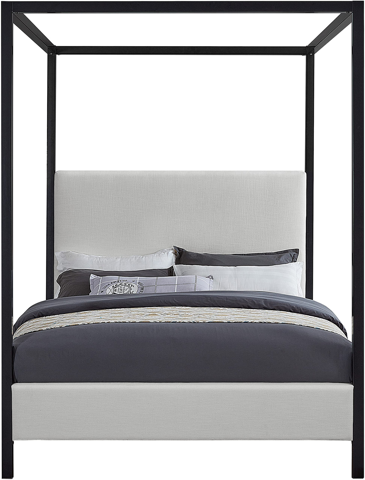 Meridian Furniture JamesBeige-K James Collection Modern | Contemporary King Bed with Cream Linen Textured Fabric, Matte Black Steel Canopy, Full Slats, 81" W x 85" D x 86" H, Cream, King Meridian Furniture