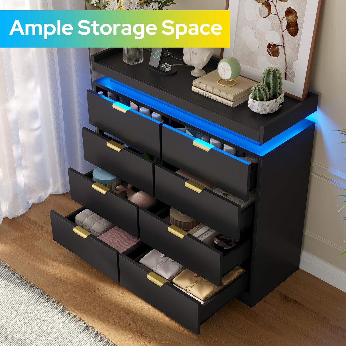 knoworld 8 Drawer Dresser for Bedroom, Black Dresser with LED Lights and Power Outlet, Large Wooden Dressers Modern Chest of Drawers, Double Wide 9 Drawer Dressers for Bedroom, Entryway, Hallway knoworld