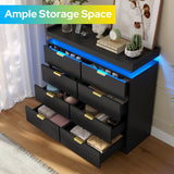 knoworld 8 Drawer Dresser for Bedroom, Black Dresser with LED Lights and Power Outlet, Large Wooden Dressers Modern Chest of Drawers, Double Wide 9 Drawer Dressers for Bedroom, Entryway, Hallway knoworld