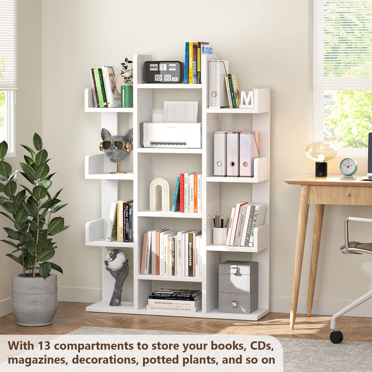 Aheaplus Bookshelf, Tree-Shaped Bookcase Storage Shelf with 13 compartments, Books Organizer Display Cube Shelves, Industrial Free Floor Standing Wood Open Bookshelves for Home, White Aheaplus