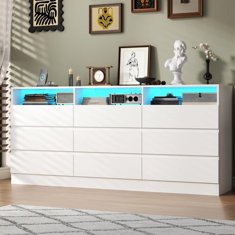 9 Drawer Dresser for Bedroom with Power Outlet, White Dressers with LED Light, Dresser Chest of Drawers for Closet,Wooden Dressers Organizer Cabinet for Living Room,Entryway, Hallway （9 Drawer White） STIKELY